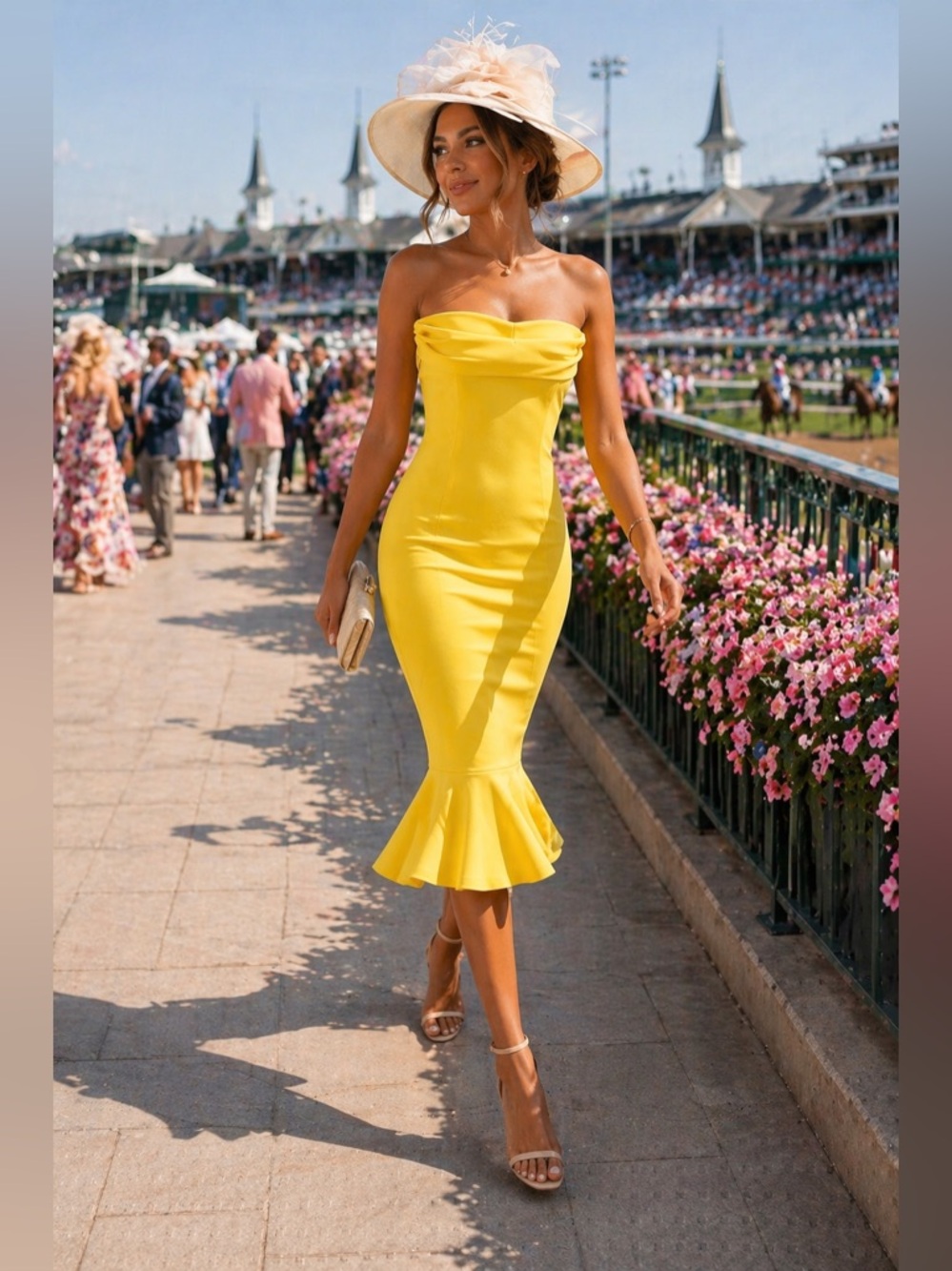 Gabrielle Union Yellow Strapless Midi Dress Derby Ruffle Hem Bodycon Size M - Picture 7 of 17